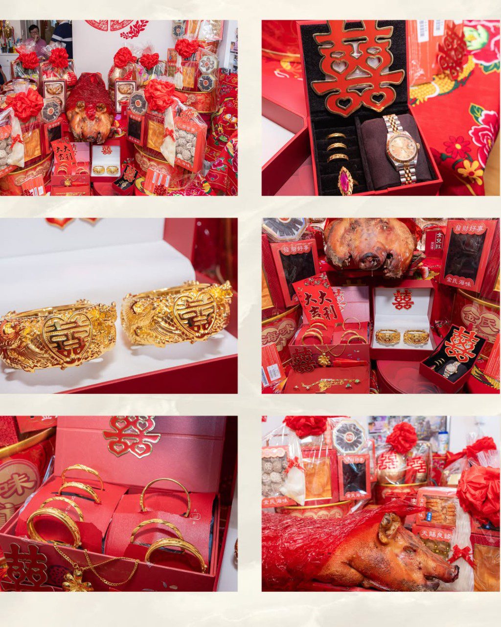聘禮包括大型龍鳳鈪、勞力士手錶及紅寶石戒指，非常豐富。