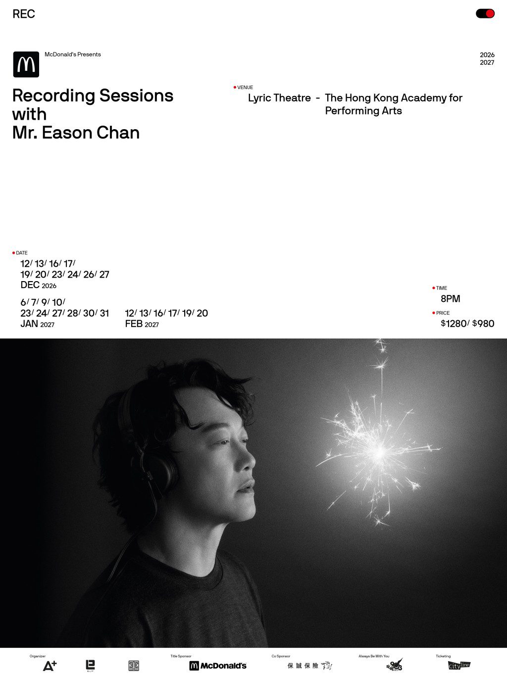 陳奕迅將於12月在香港演藝學院舉行26場《Recording Sessions with Mr. Eason Chan》,門票分為$1280及$980,這是一次破格的現場錄音企劃,而非傳統演唱會。