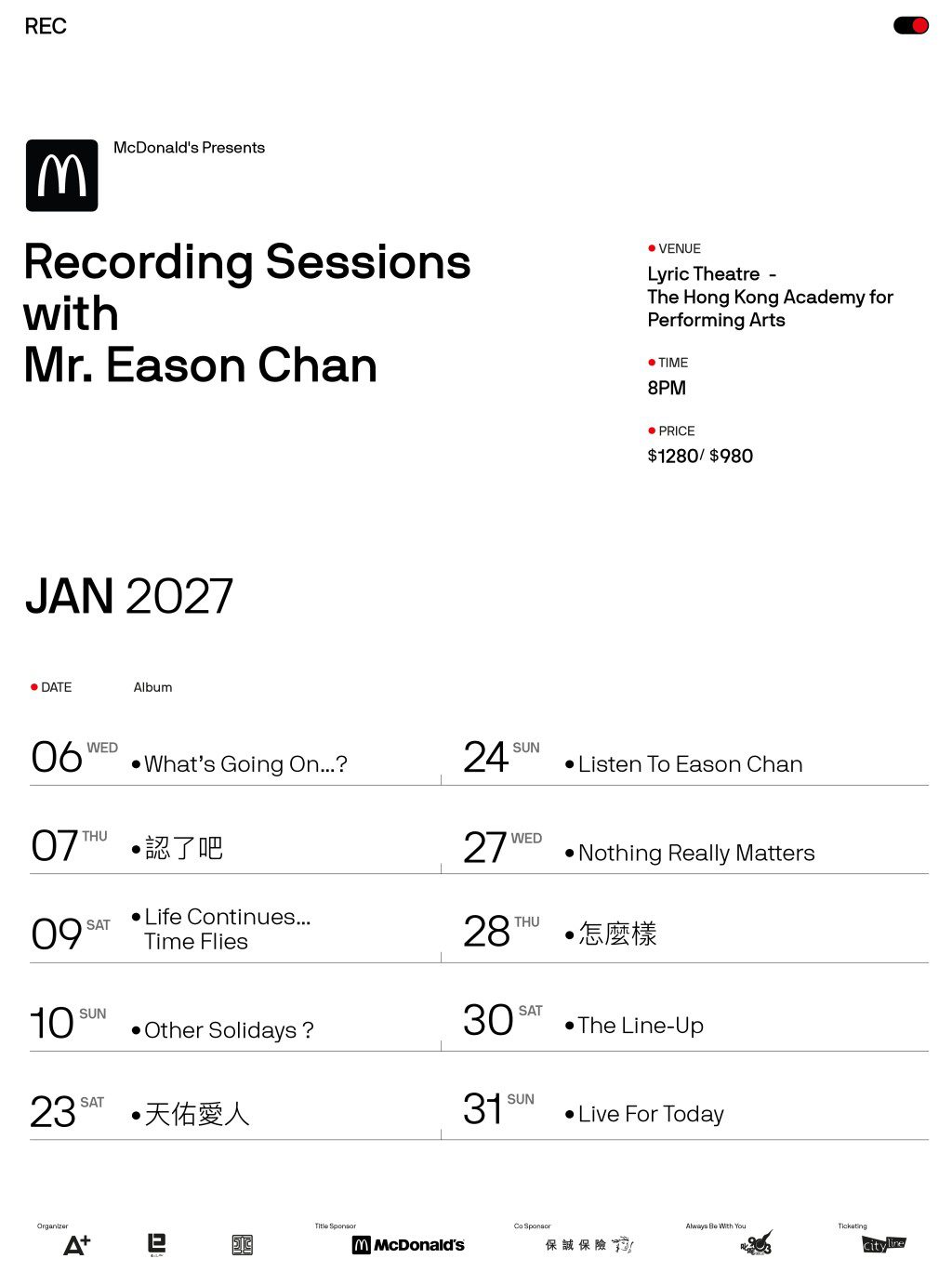 2027年1月的演出場次主題公開,涵蓋《What's Going On...?》、《天佑愛人》等專輯,帶樂迷重溫不同時期的音樂回憶。