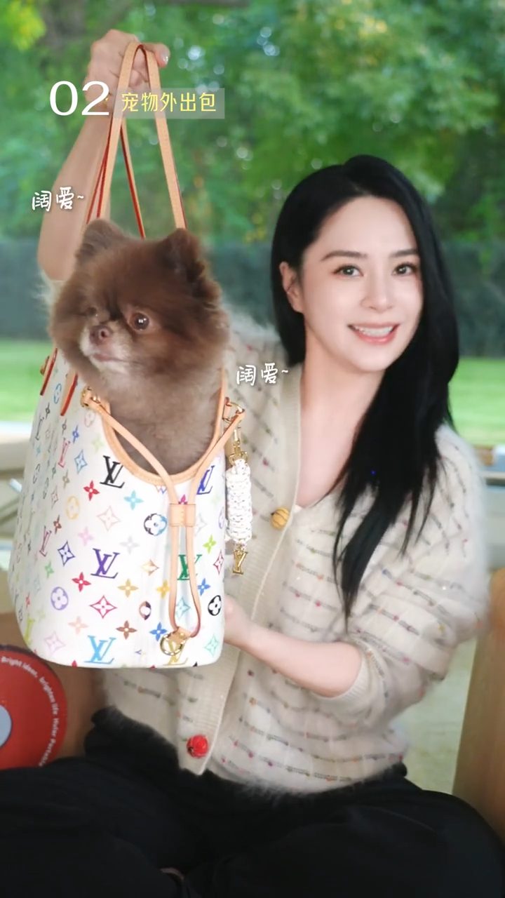 鍾欣潼溫柔地抱著Kuma,準備將牠放入LV寵物袋。