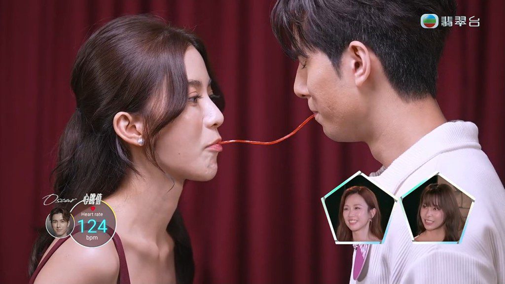 陳星妤與方智弘挑戰「食鞋帶糖」，心跳值開始上升。