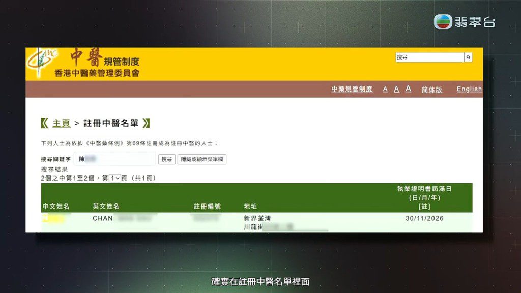 《東張西望》在香港中醫藥管理委員會的註冊名單中,確認找到涉事陳醫師的登記資料。