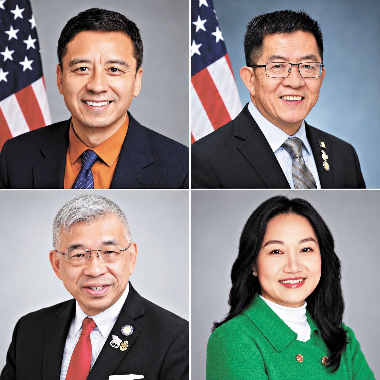 四名華裔候選人賀立寧博士和陳學理(上),鄭永佳和謝曉瓊。