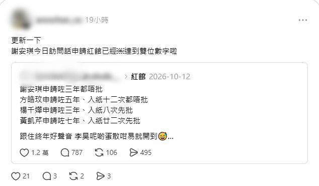 謝安琪談及申請紅館檔期的經歷，引起討論。